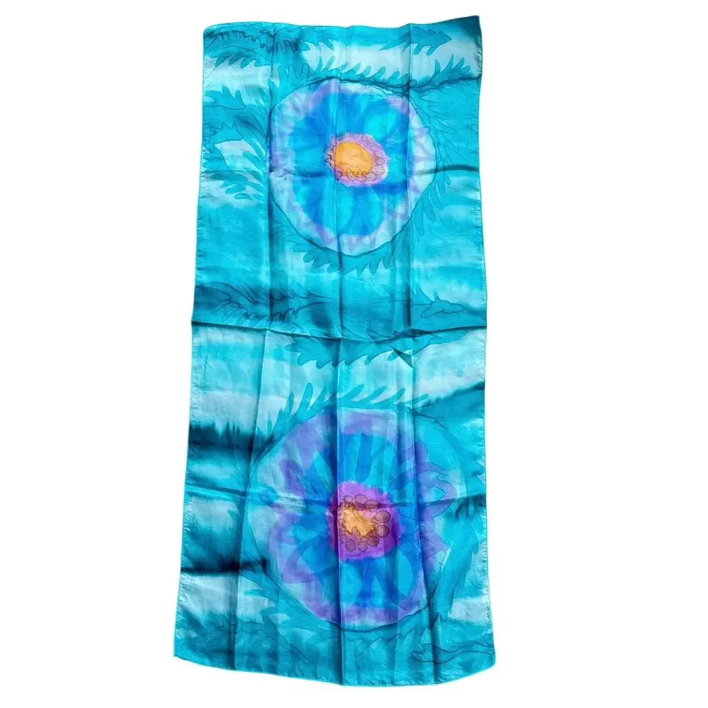 Artisan made tie dye silk rectangle scarf neckerchief blue purple hippie chic